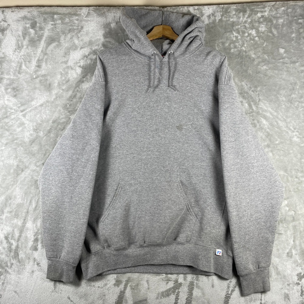 Russell Athletic Hoodie Men XXL Grey Pullover Fleece Pocket Blank Y2K Vintage